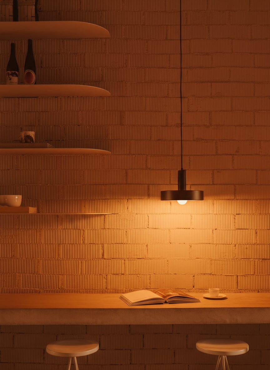 Cozy interior with wooden shelves, a hanging light, and a table with an open book against a brick wall.