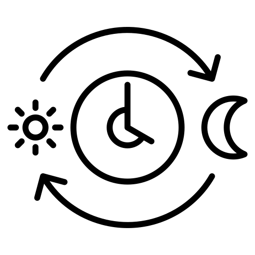 Clock symbol with sun, moon, and arrows indicating a cycle of day and night.