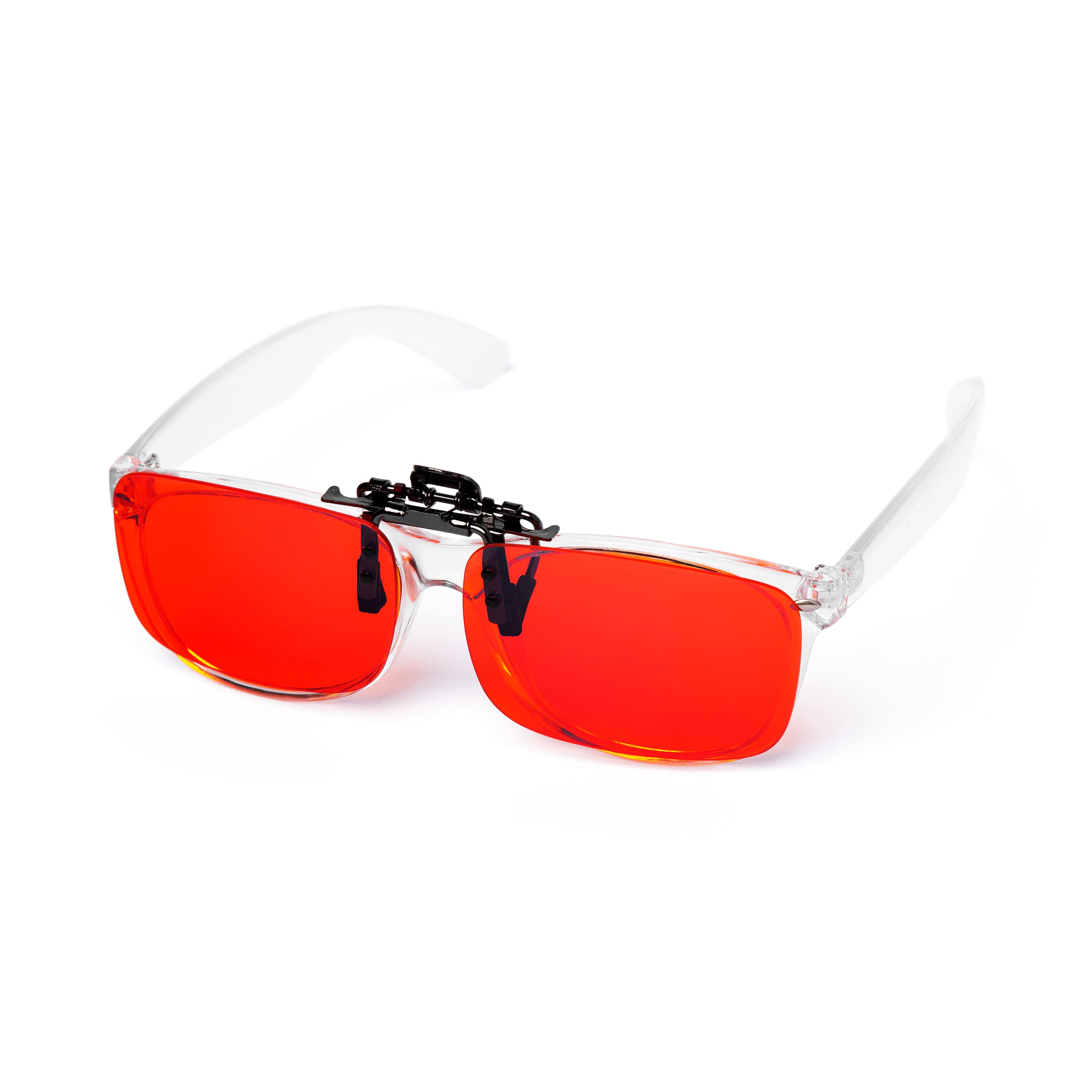 blue light blocking clip on glasses with red lenses that block 100% of blue light