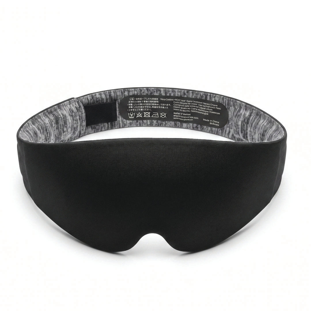 Black sleep mask with a gray marled inner headband, shown on a white background.