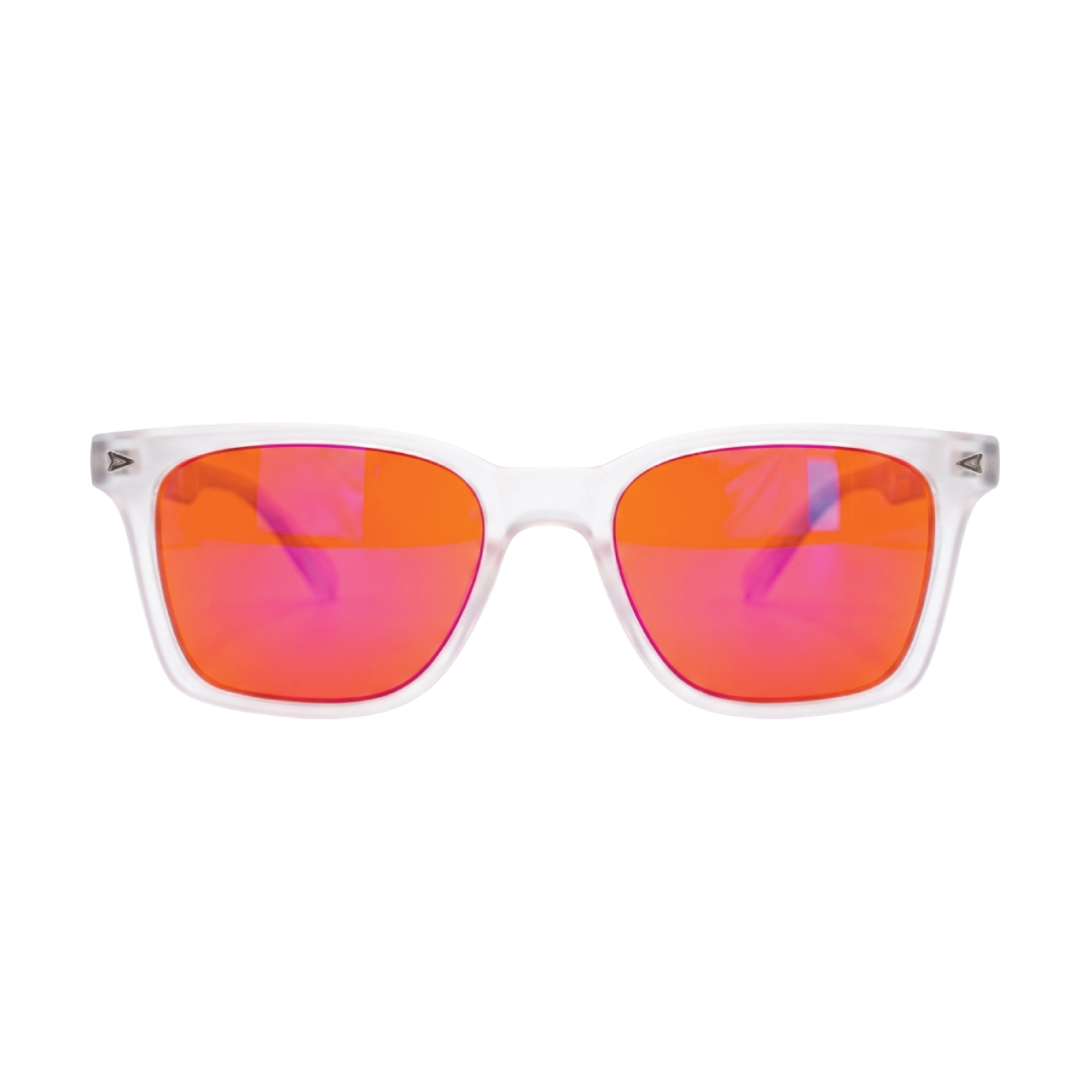 Clear-framed sunglasses with vibrant orange and pink mirrored lenses, shown against a plain white background.