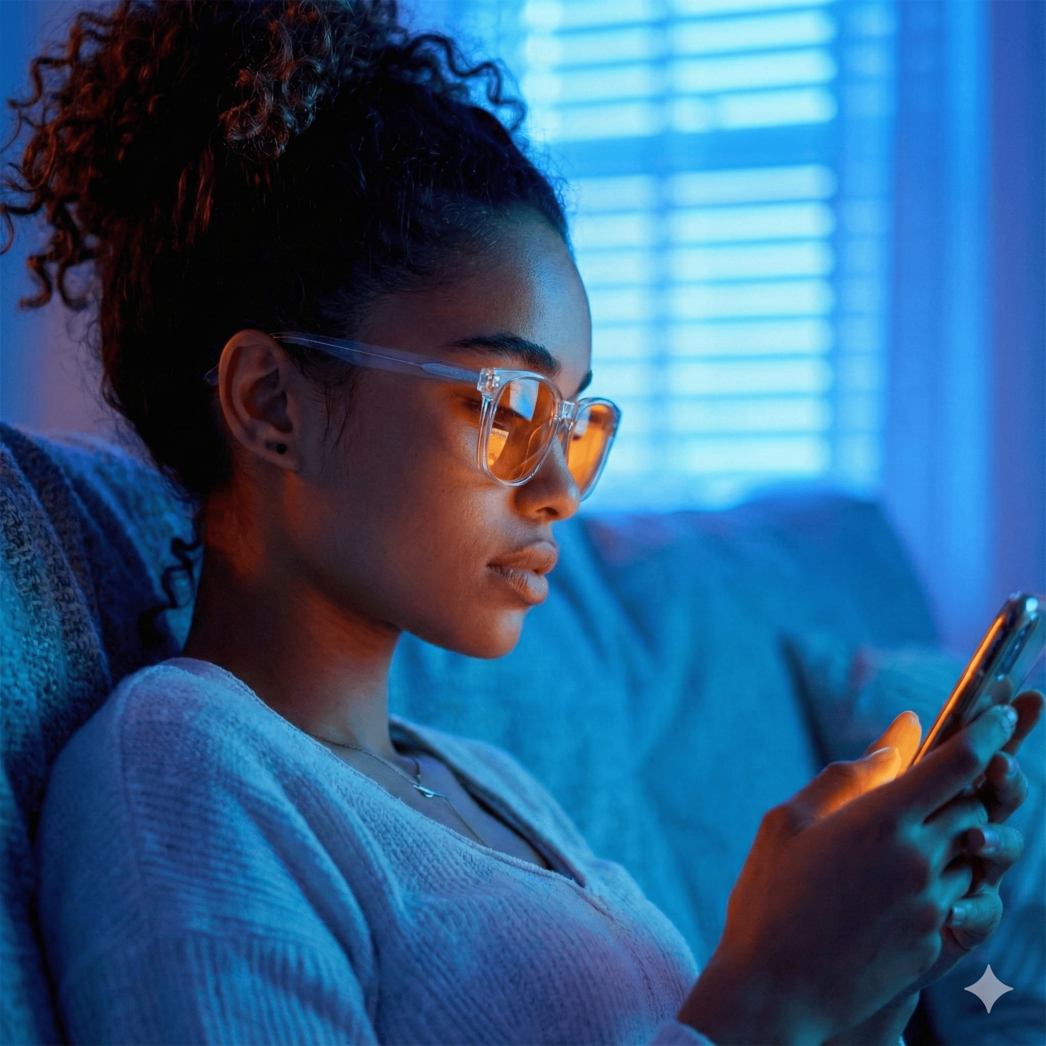Woman wearing sunglasses and using a phone in a dimly lit room