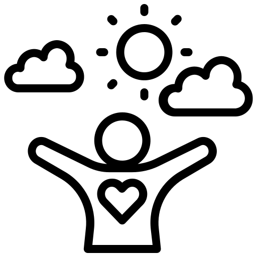 Black line art of a person with outstretched arms and a heart, surrounded by clouds and a sun on a white background.