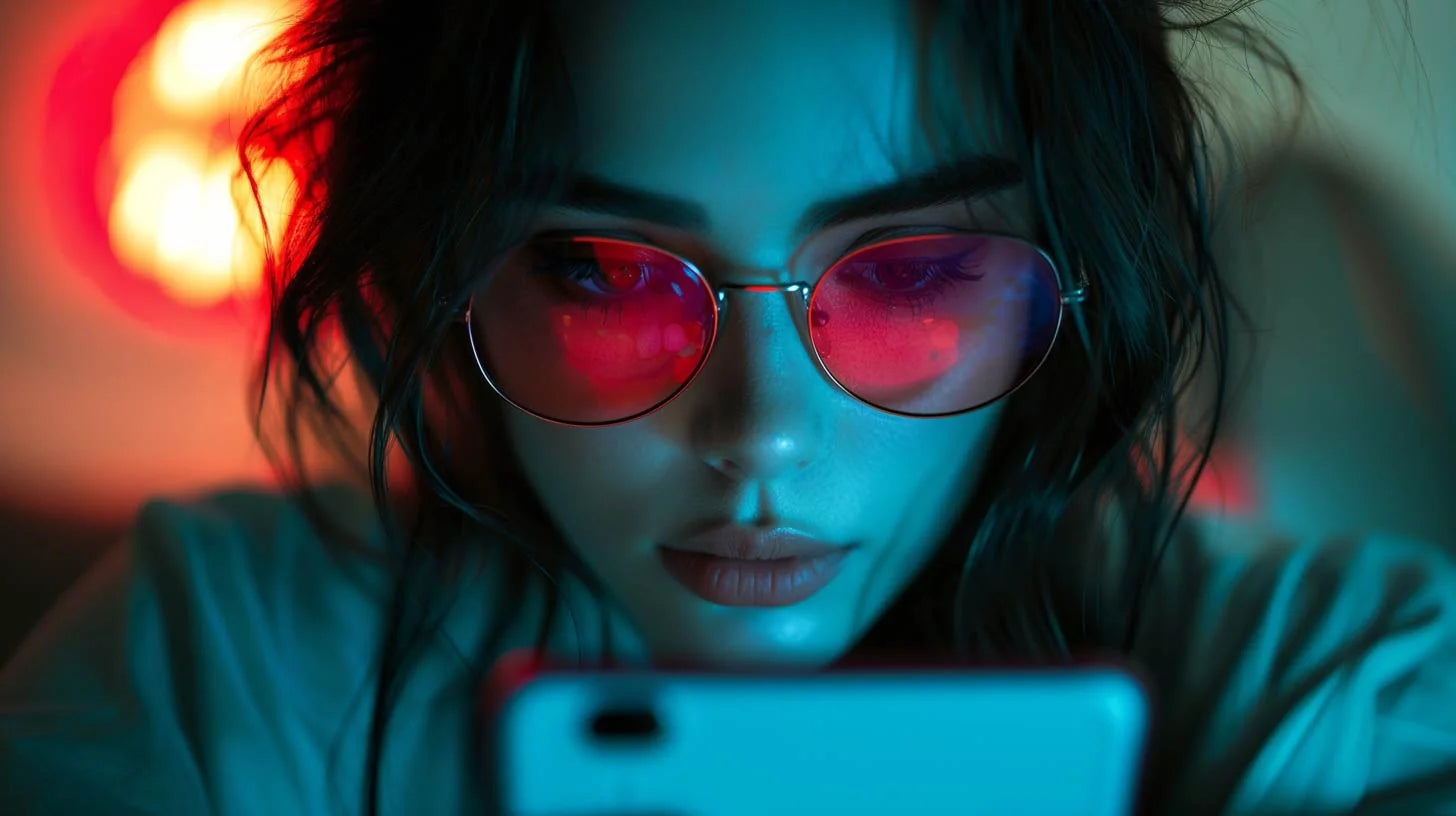 A close-up lifestyle shot of a person wearing round silver-framed blue light blocking glasses with vibrant red mirrored lenses, looking down at a smartphone in a dimly lit setting with blue and red ambient lighting.
