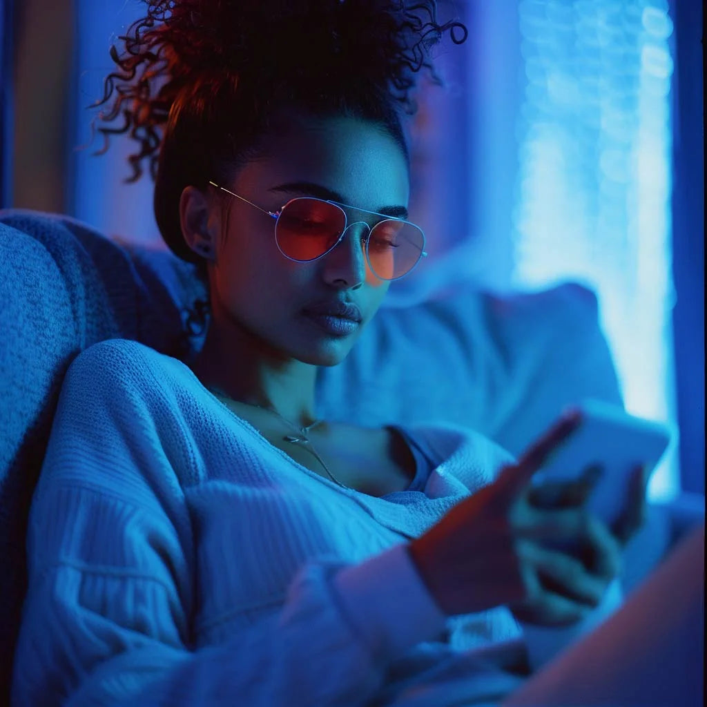 A woman wearing aviator-style sunglasses with orange-tinted lenses and a light blue knit sweater, sitting in a chair and looking at a smartphone in blue ambient lighting.