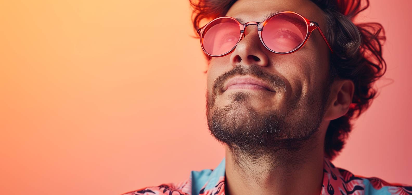 man in blue light blocking glasses red lens for better sleep
