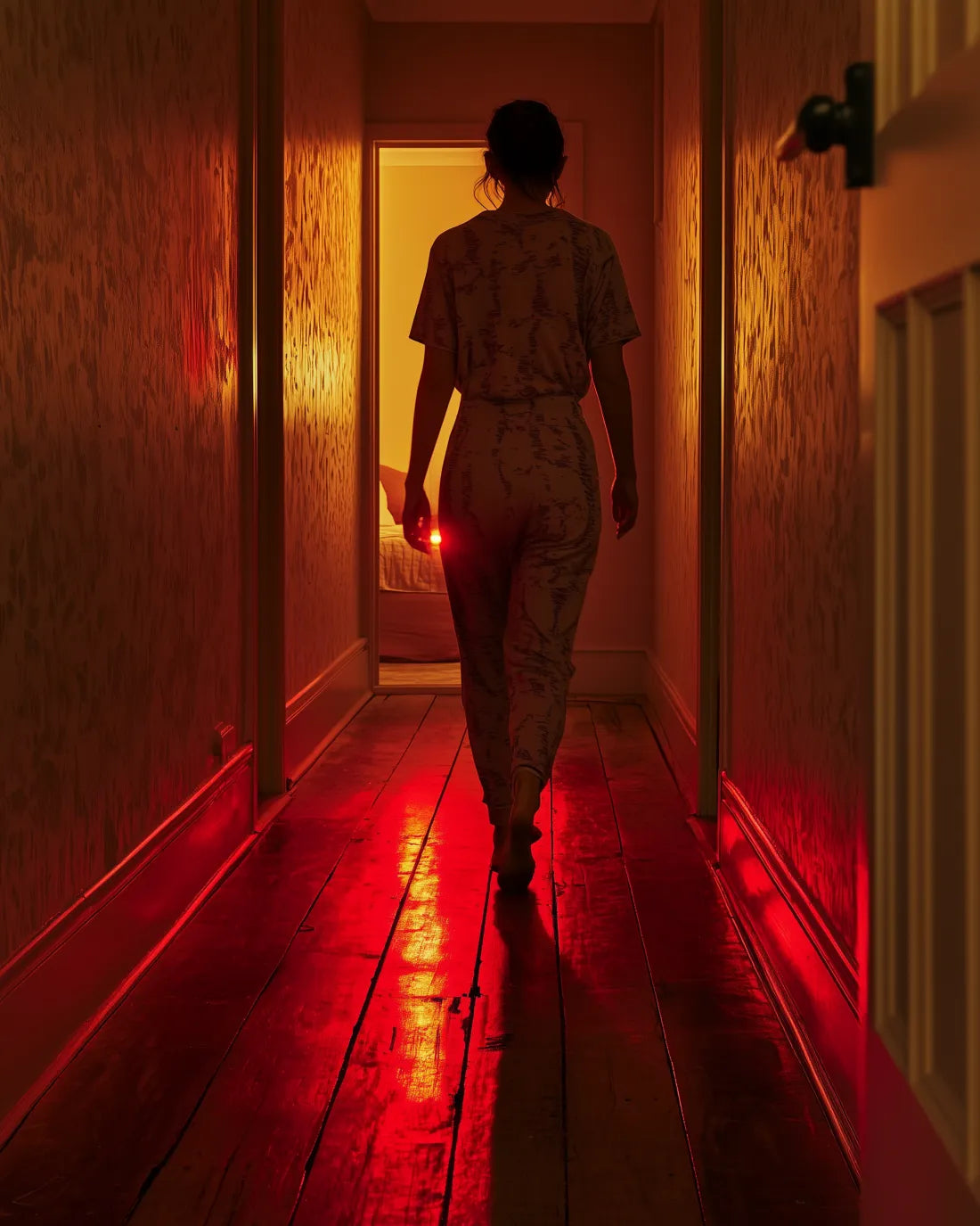 A person viewed from behind walks down a dimly lit hallway with warm amber and red lighting, wearing a light-colored patterned jumpsuit or romper.
