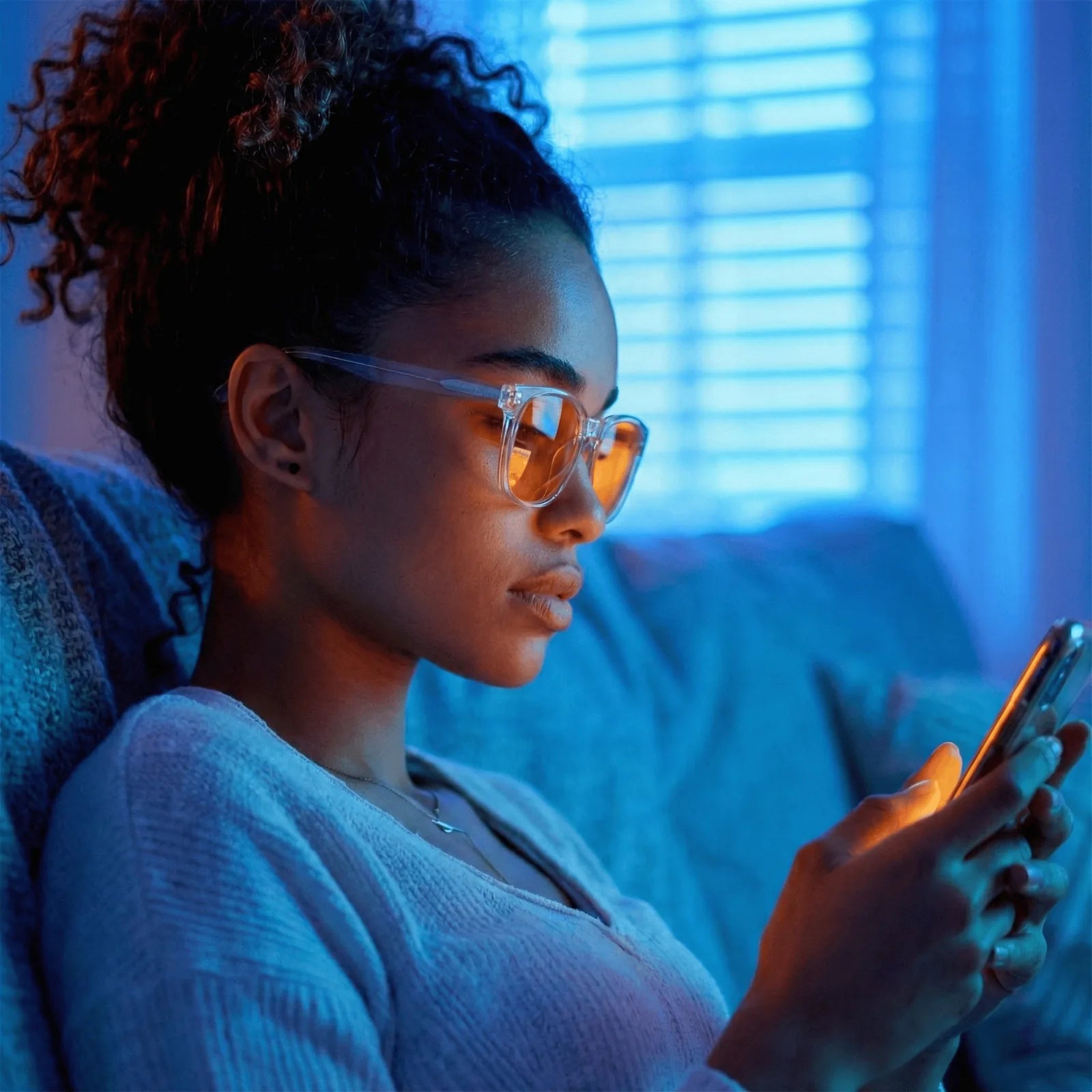 A woman with curly hair wearing clear-framed orange-tinted glasses sits on a couch in a dimly lit room, looking down at a smartphone she is holding in both hands.
