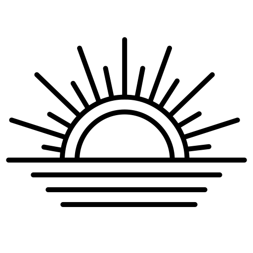 Black and white icon of a sun rising over water on a white background