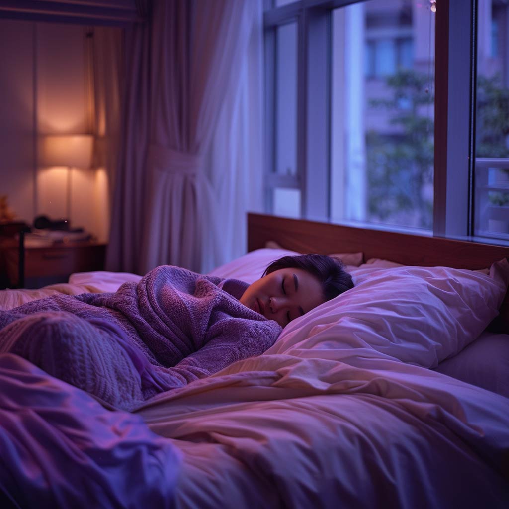 Woman in bed sleeping blue light blocking melatonin production