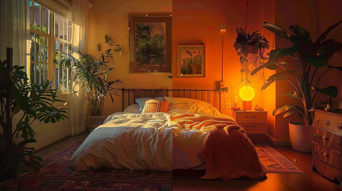 Bedroom amber light natural light comparison 