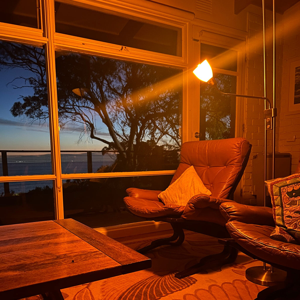 Living room at sunset lit by a floor lamp with an E14 amber bulb, with leather armchairs and a view of trees and water