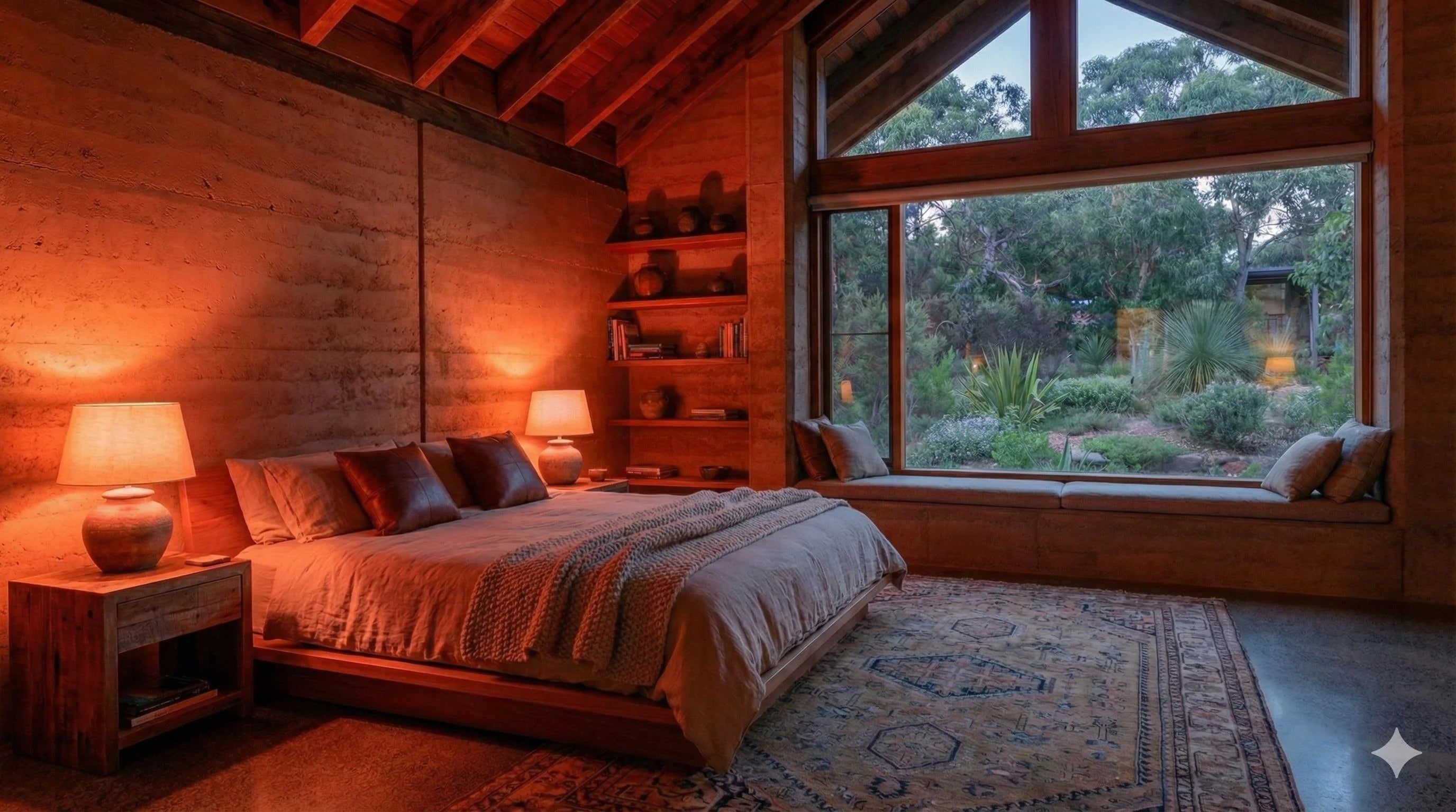 Cozy bedroom with wooden walls, a large window, and a bed with pillows.