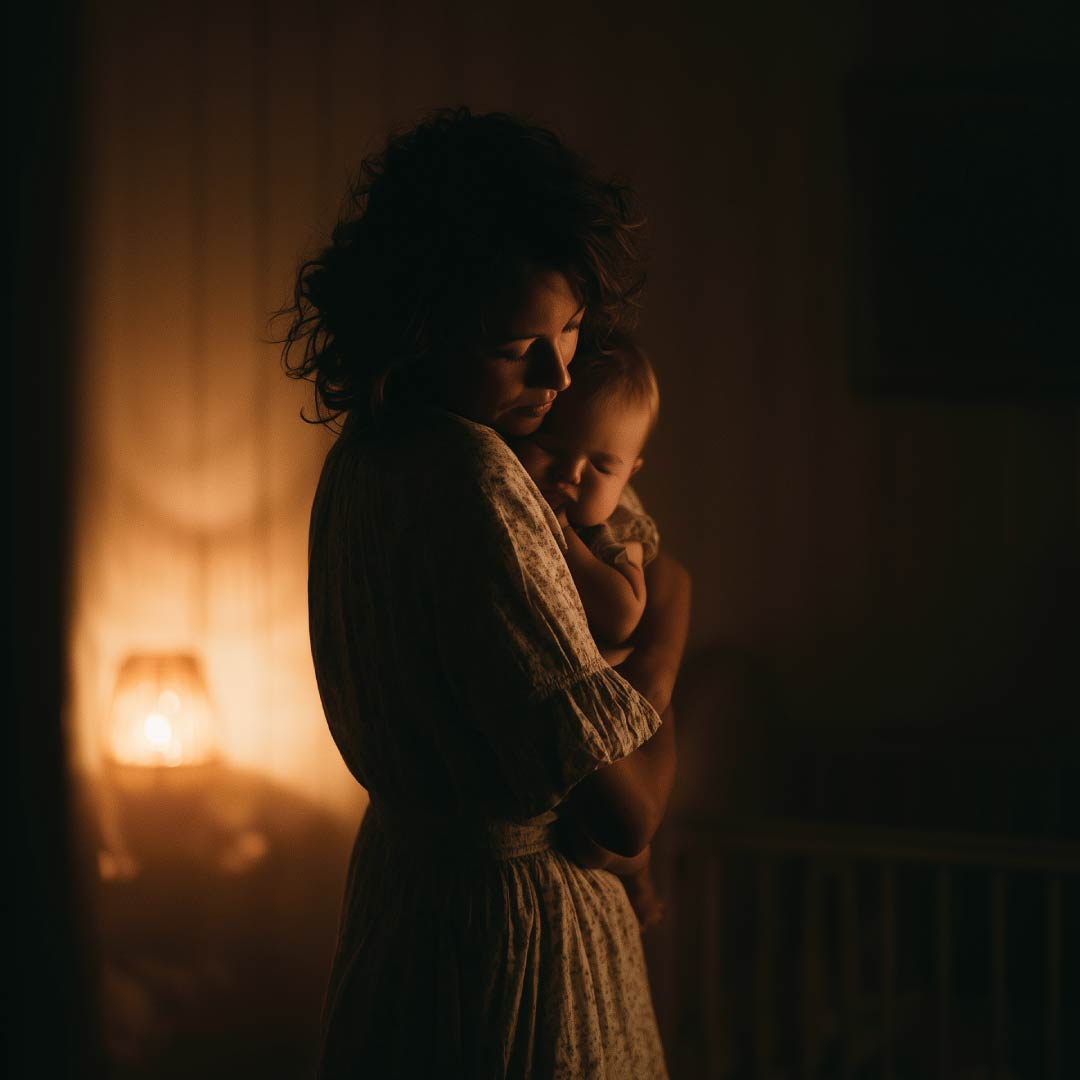 A woman in a light-colored dress holds a baby in a dimly lit room with warm, soft lighting from a lamp in the background.
