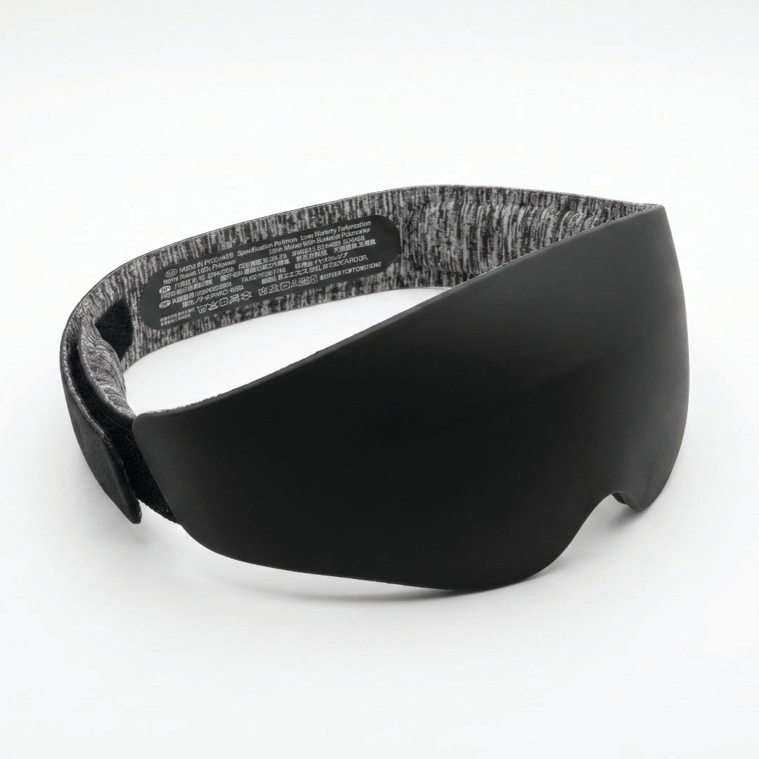 Black eye mask with a textured gray and black patterned inner lining, shown on a clean white background.