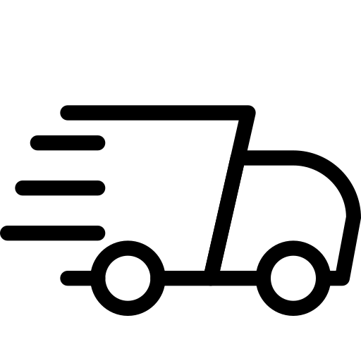 Black outline of a delivery truck with speed lines on a white background