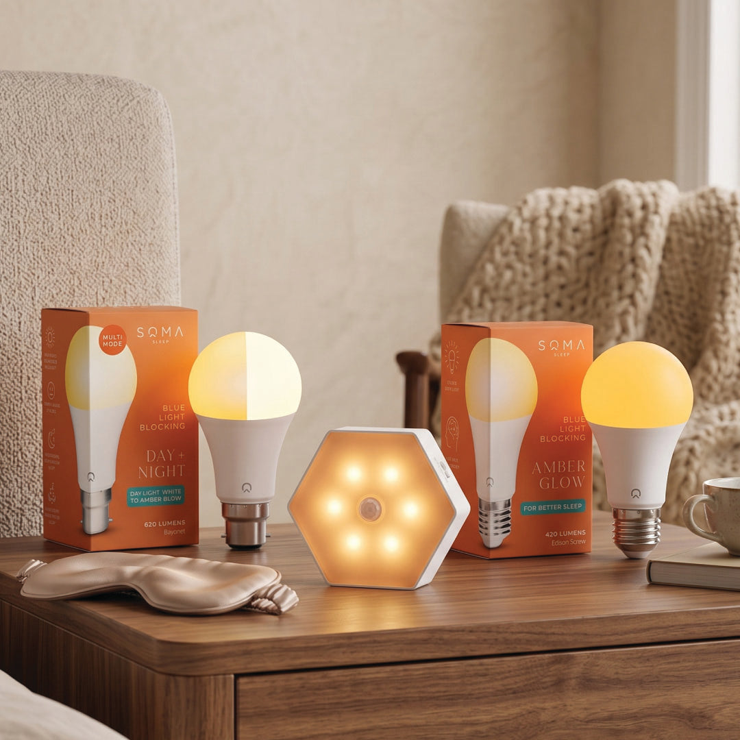 night light, light bulbs, sleep mask on bedside table.