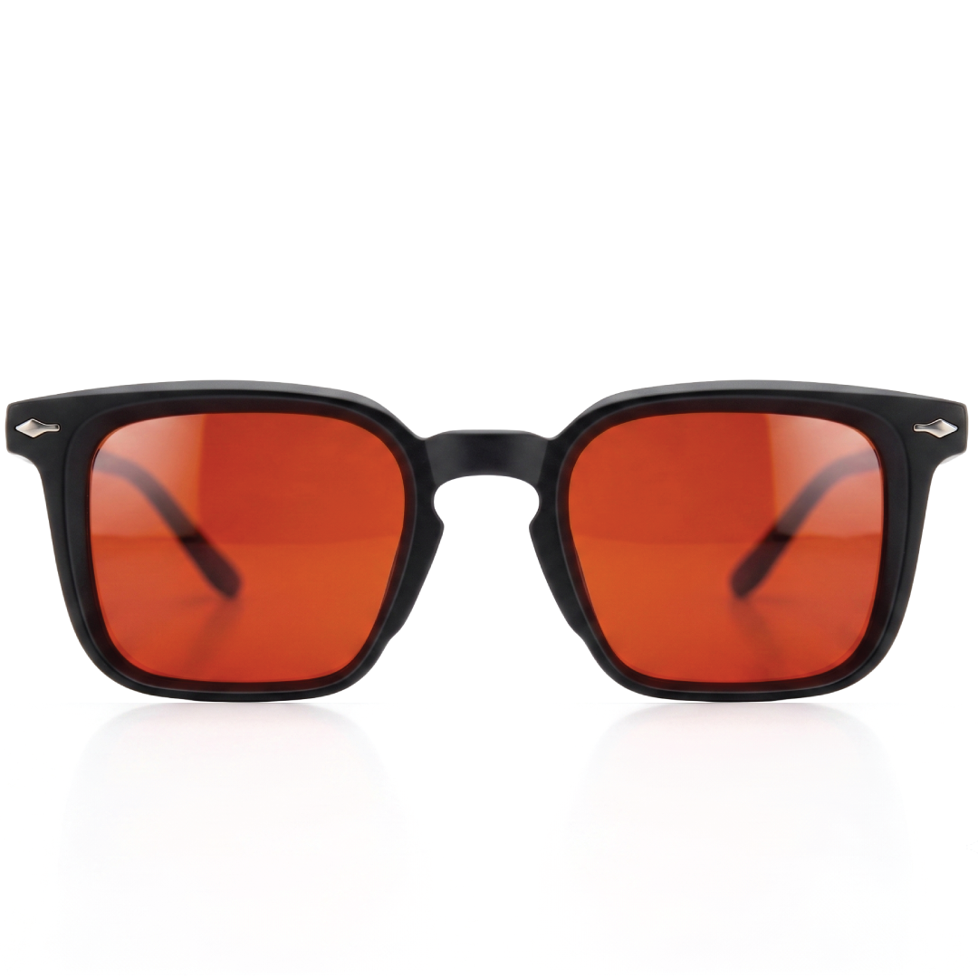Black square sunglasses with vibrant orange-red lenses, shown from the front on a clean white background.
