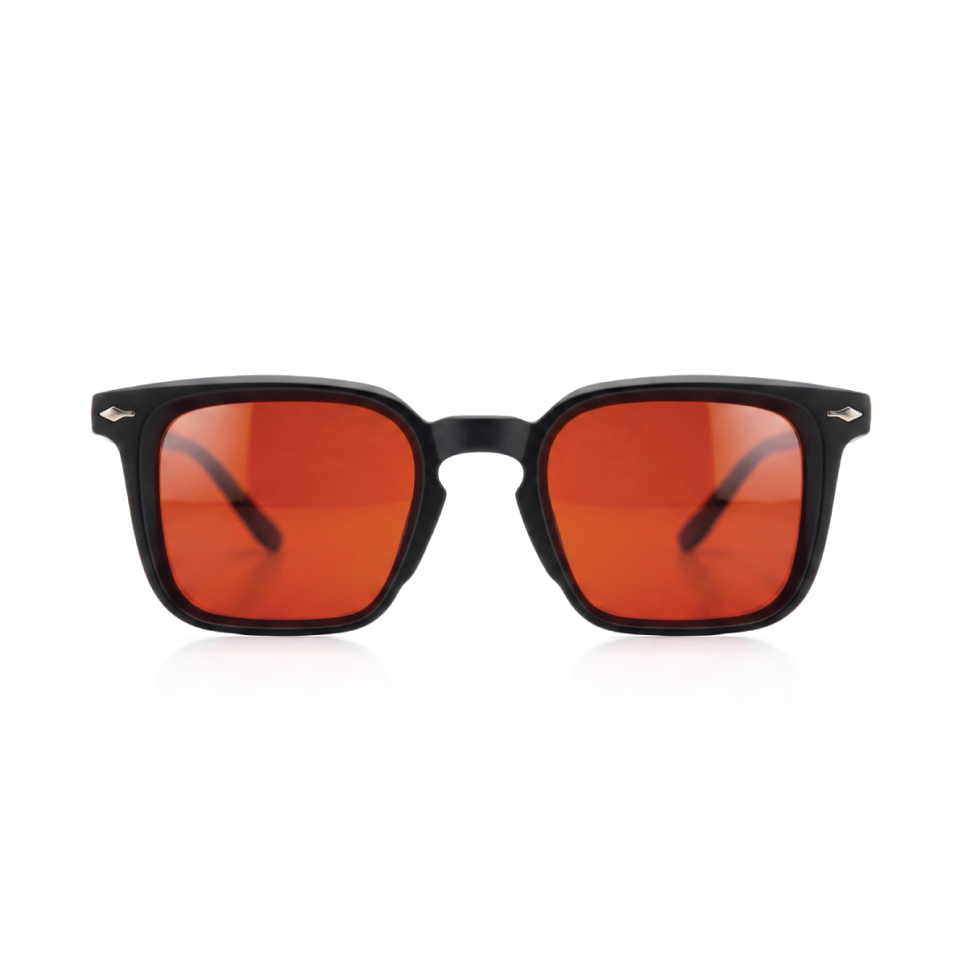 Matte black square sunglasses with vibrant orange lenses, shown from the front on a clean white background.