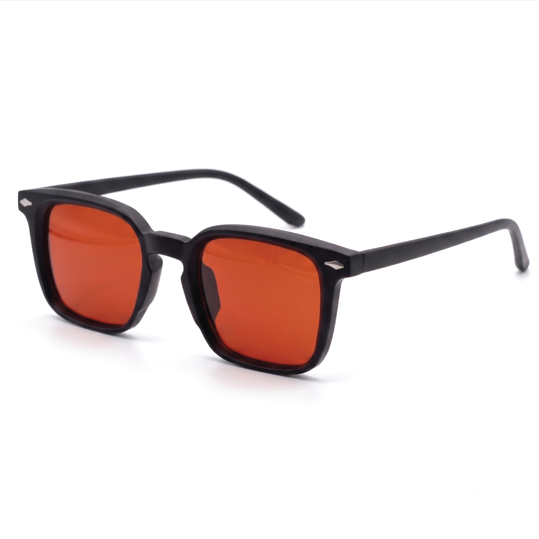 Black square sunglasses with orange-tinted lenses, shown at a three-quarter angle on a white background.