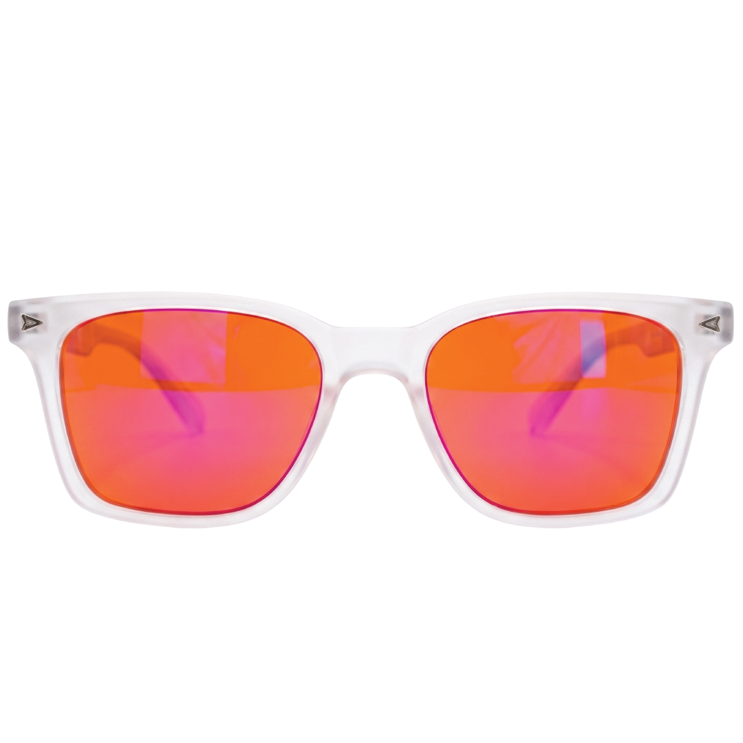 White-framed sunglasses with vibrant orange and pink mirrored lenses, shown against a plain white background.