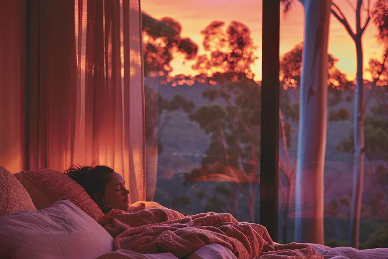 Person lying in bed with a view of trees at sunset through a window.