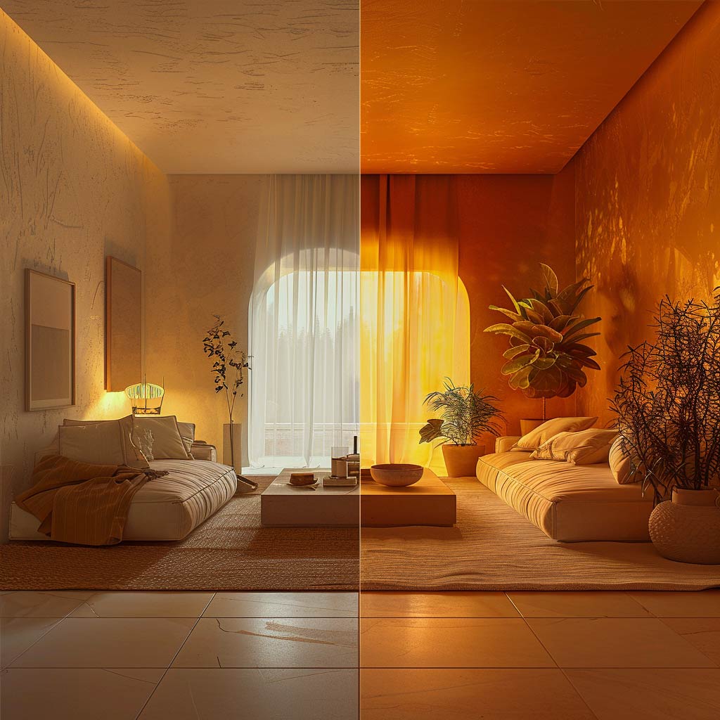 Amber white light comparison home lounge room 