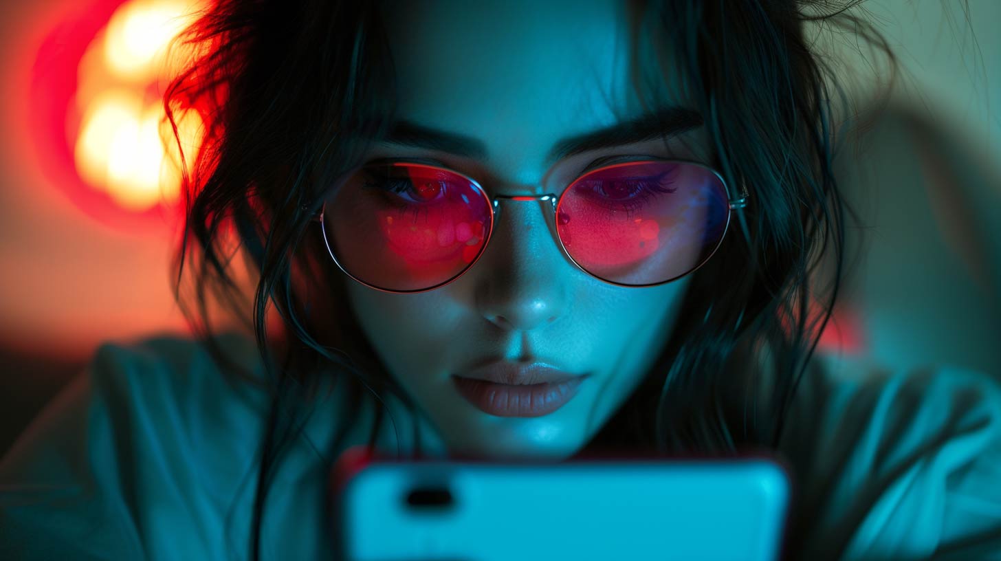 woman in red blue light blocking glasses on iPhone phone