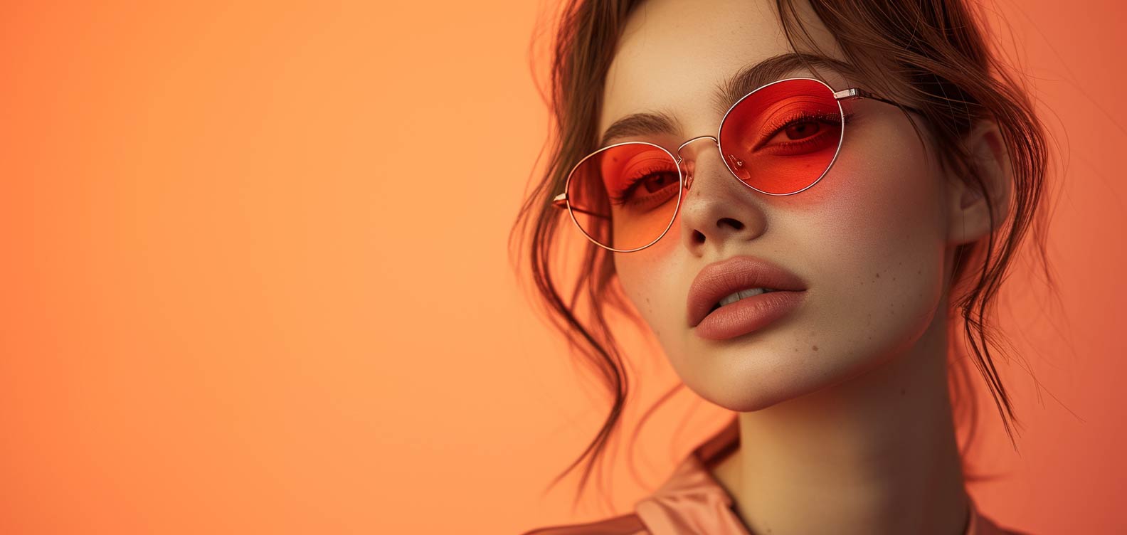 woman in red blue light blocking glasses