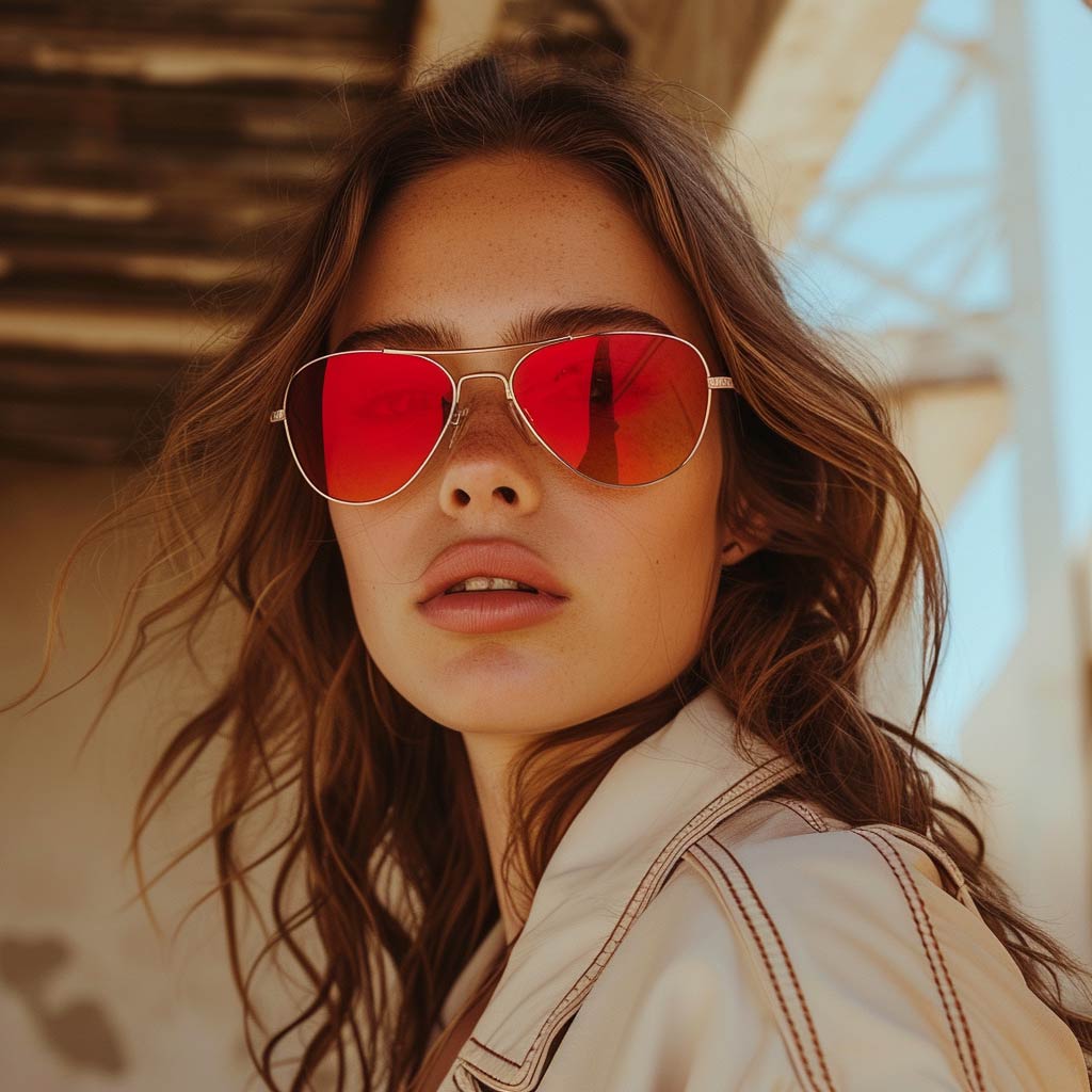 woman in red blue light blocking glasses