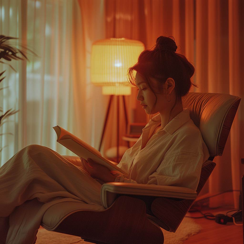 woman reading amber blue light blocking light bulb