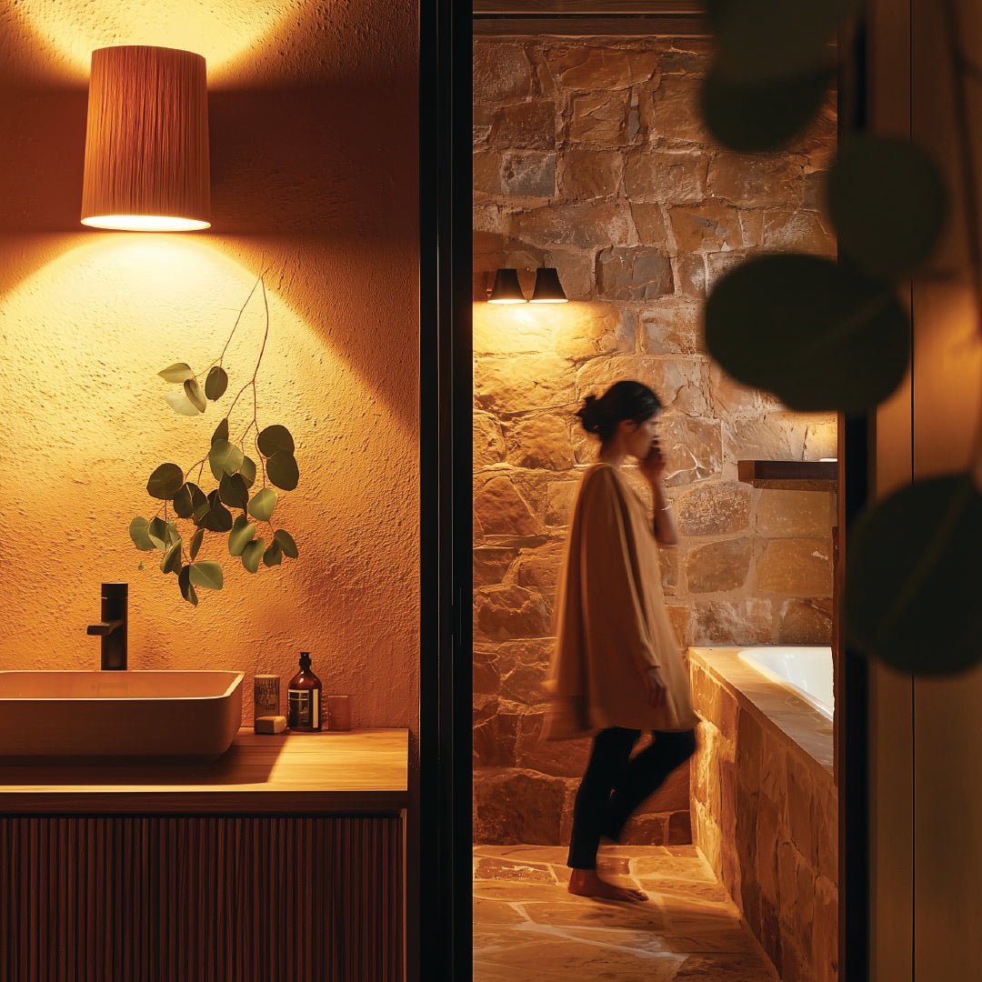 bathroom evening, amber light, woman blurred. 