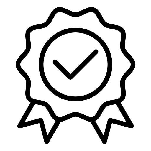 Black check mark icon with decorative border on a white background