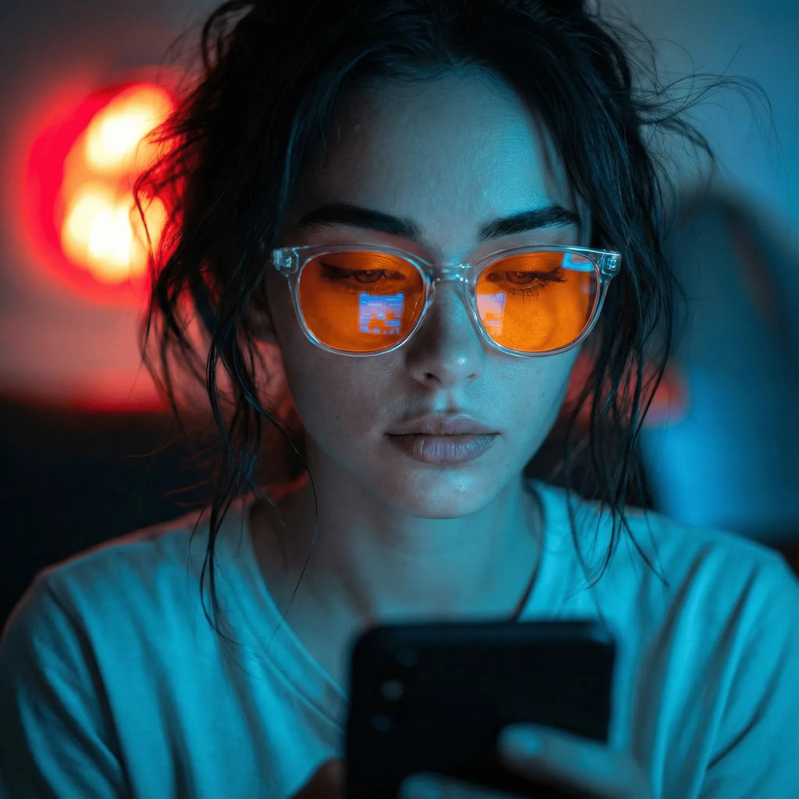 A close-up lifestyle shot of a woman with dark hair wearing clear-framed blue light blocking glasses with vibrant orange lenses, looking down at a black smartphone in a dimly lit setting with blue and red ambient lighting.