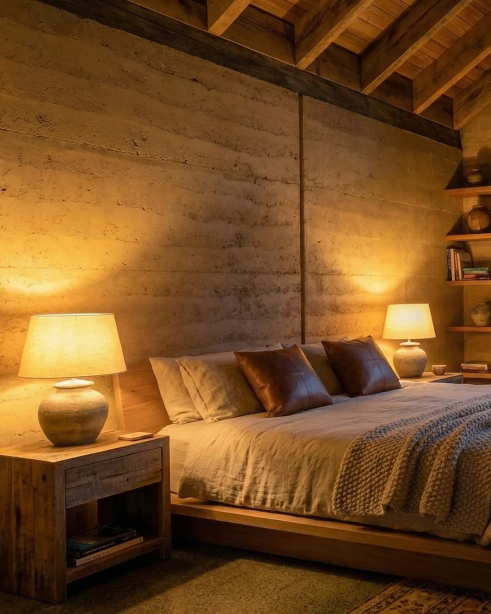 Warm bedroom at night lit by two amber bedside lamps either side of the bed